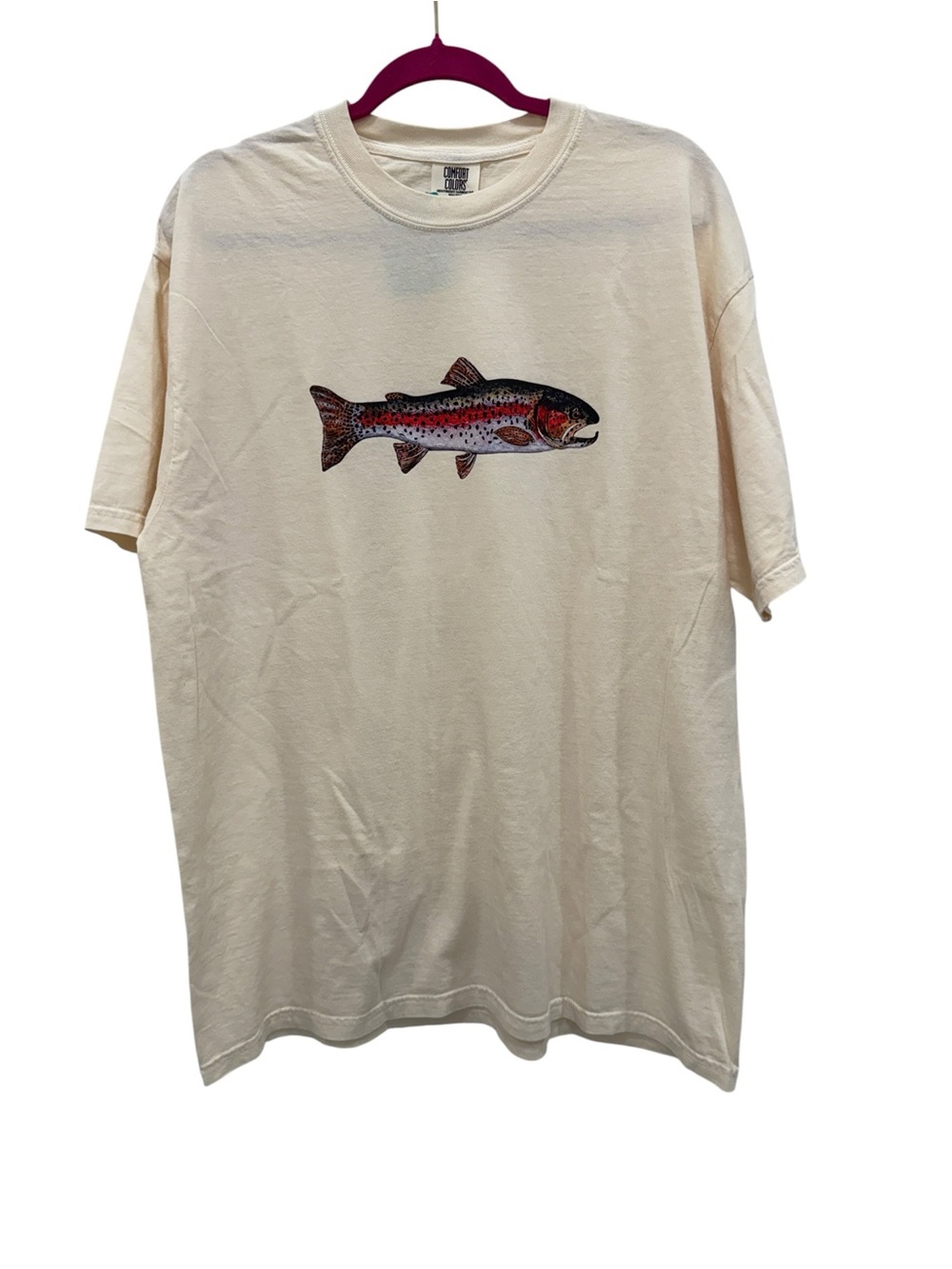 NWT Vintage-Inspired Unisex Cream Trout Graphic T-Shirt - XL Comfort Colors